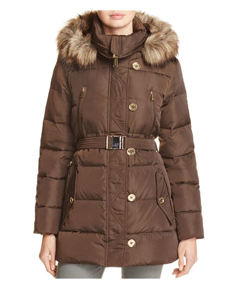 michael michael kors faux-fur-trim belted puffer coat bark